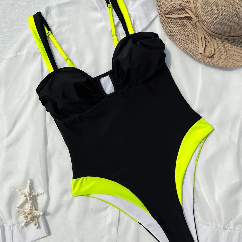 Black Sexy Women's Contrast Color Spaghetti Strap One-Piece Swimsuit - Picture 5 of 7